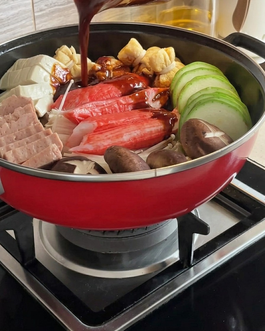Una salsa roja rica y picante siendo vertida sobre los ingredientes dispuestos en la olla del estofado.