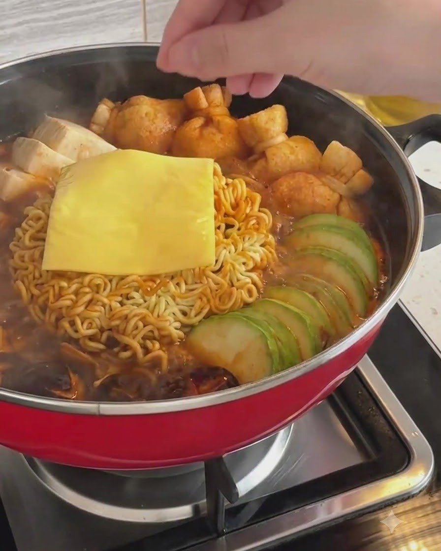Una rebanada cuadrada de queso amarillo descansando sobre los fideos ramen y los ingredientes en una olla.
