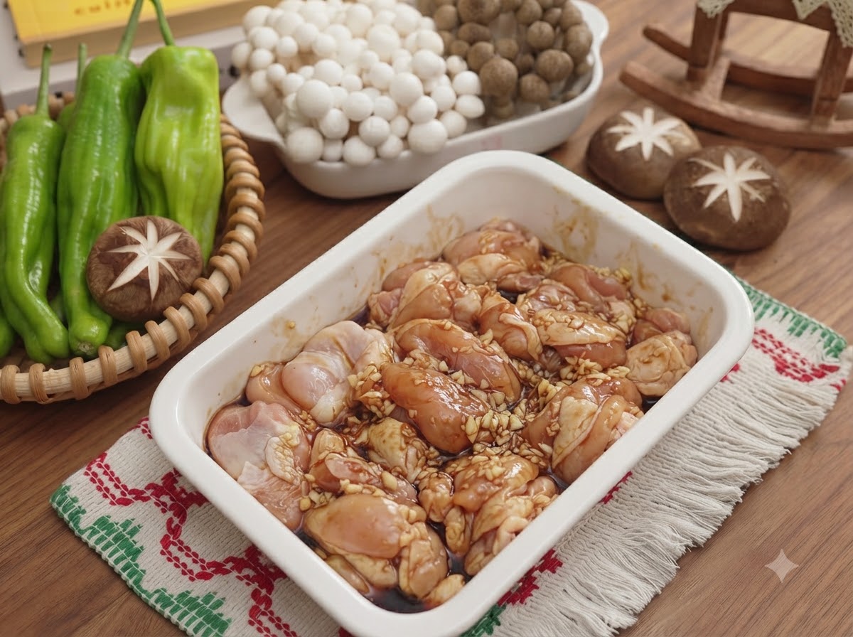 Trozos de pollo crudo mezclados con ajo picado y salsas dentro de un recipiente de cerámica blanca.