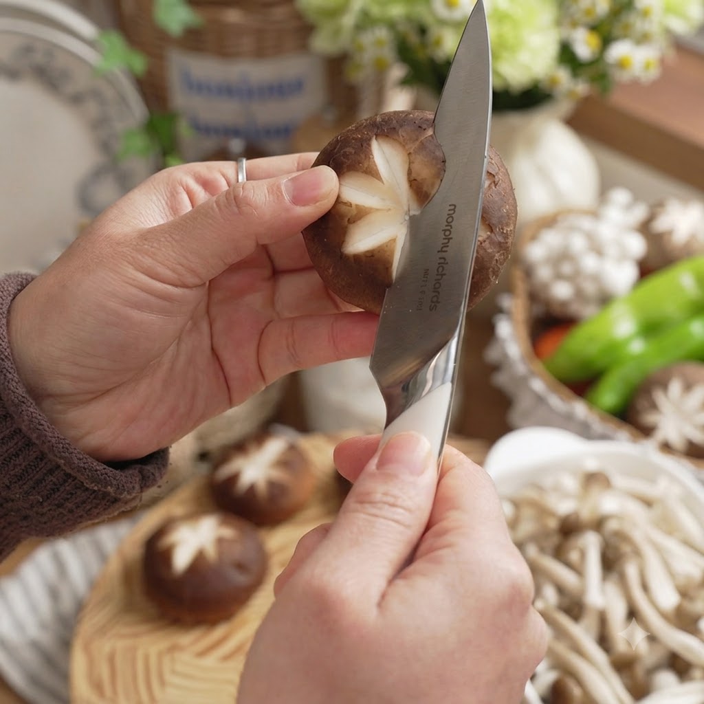 Una mano sosteniendo una seta shiitake mientras talla un patrón de estrella decorativo en su sombrero con un cuchillo pequeño.
