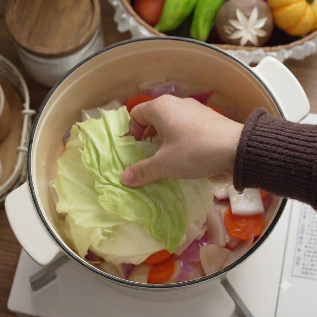 Una mano colocando una hoja de repollo verde fresco en la olla esmaltada sobre las verduras salteadas.