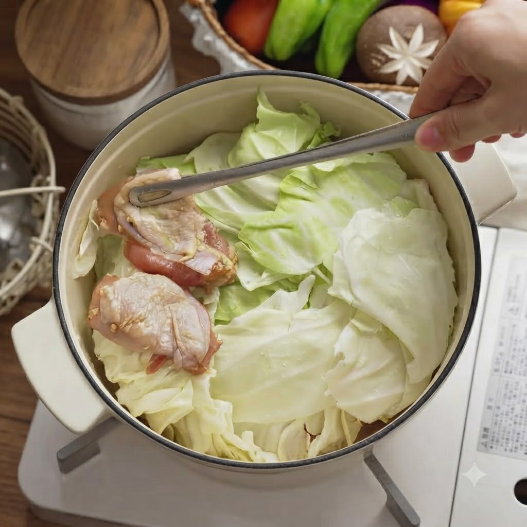 Trozos de pollo crudo marinado colocándose sobre la capa de repollo dentro de la olla con pinzas.