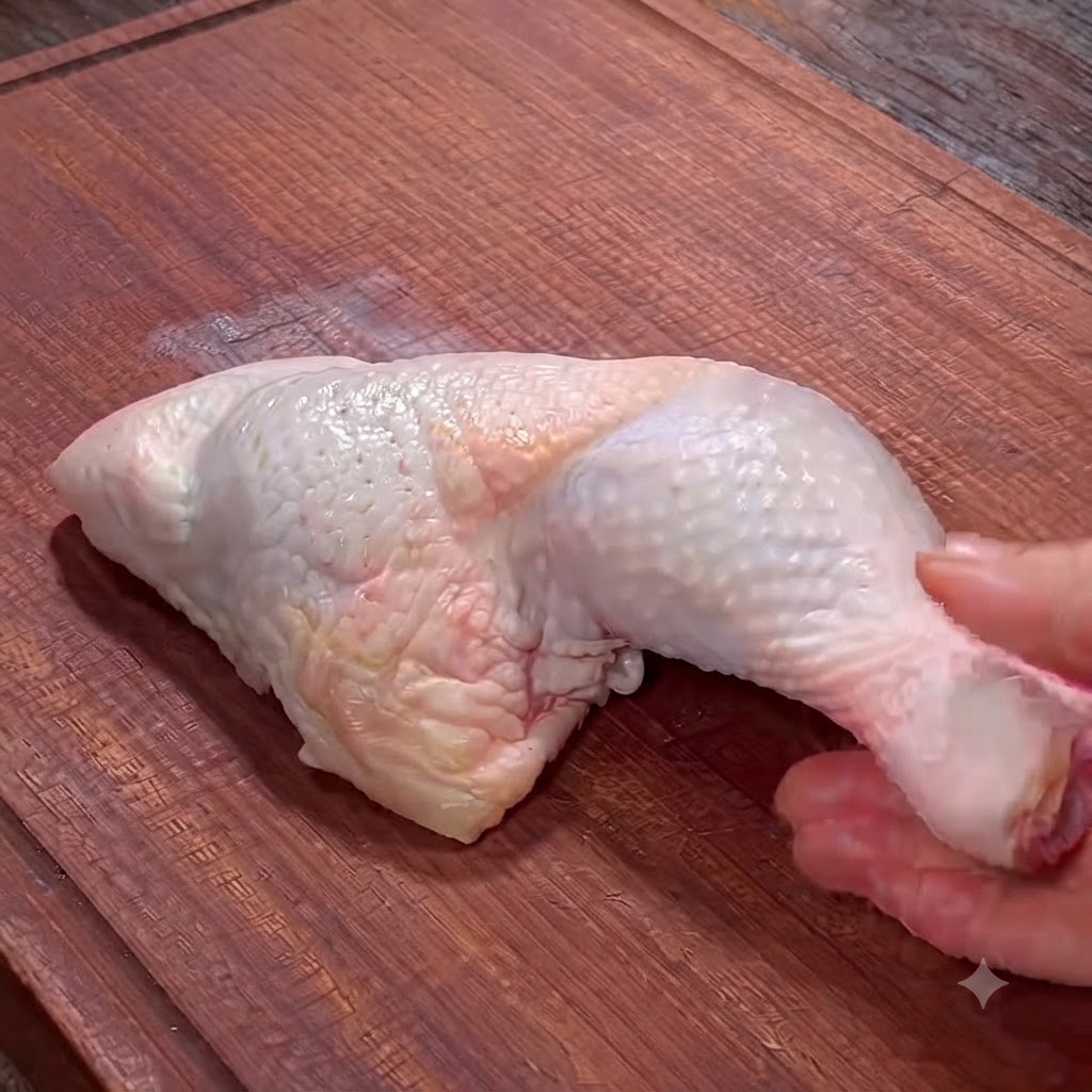 Un primer plano de manos usando tijeras de cocina para separar la carne del hueso de una pierna de pollo cruda en una tabla de cortar.