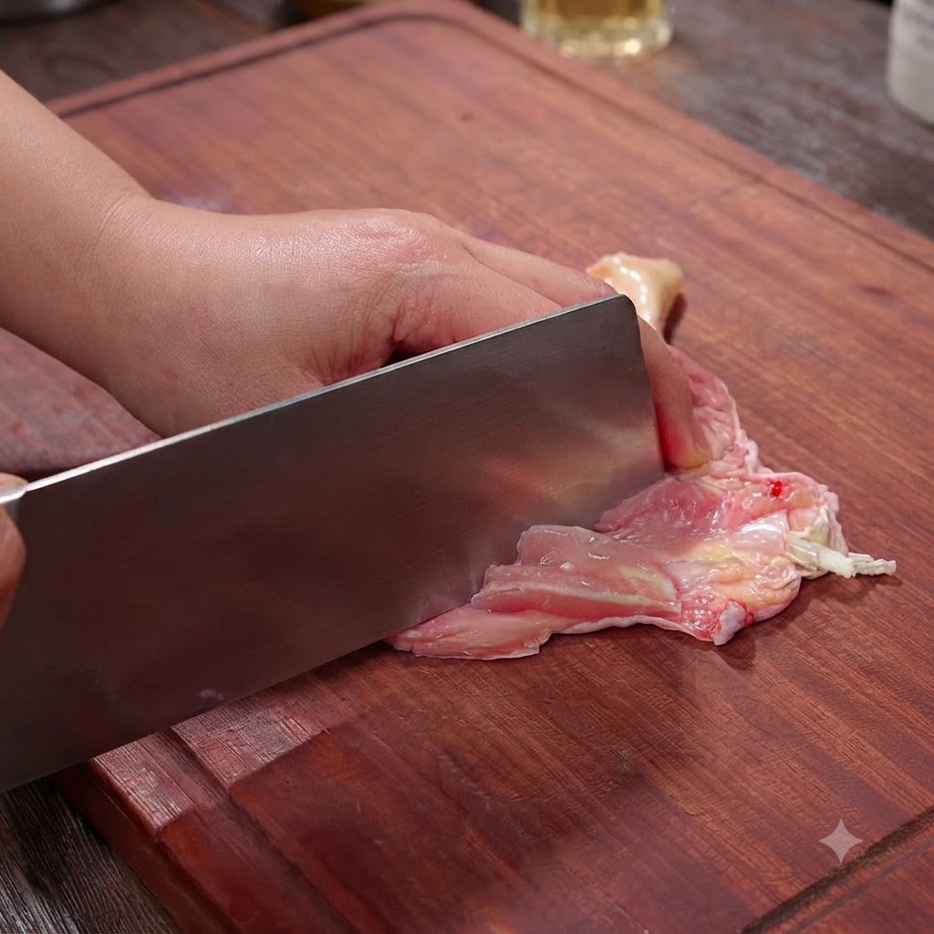 Un cuchillo de cocina haciendo cortes poco profundos en la superficie interior de un muslo de pollo deshuesado en una tabla de madera.