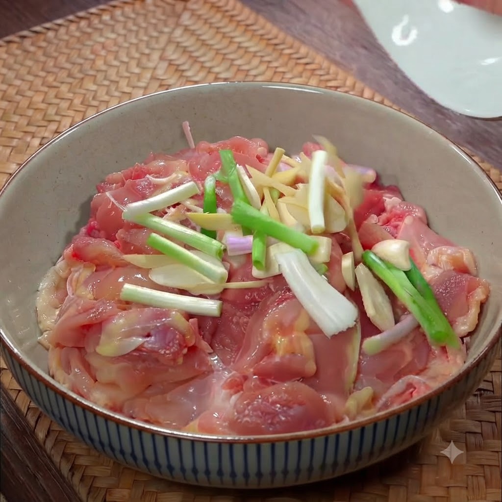 Trozos de pollo crudo en un tazón de cerámica cubiertos con cebollas verdes en rodajas, tiras de jengibre y trozos de ajo.