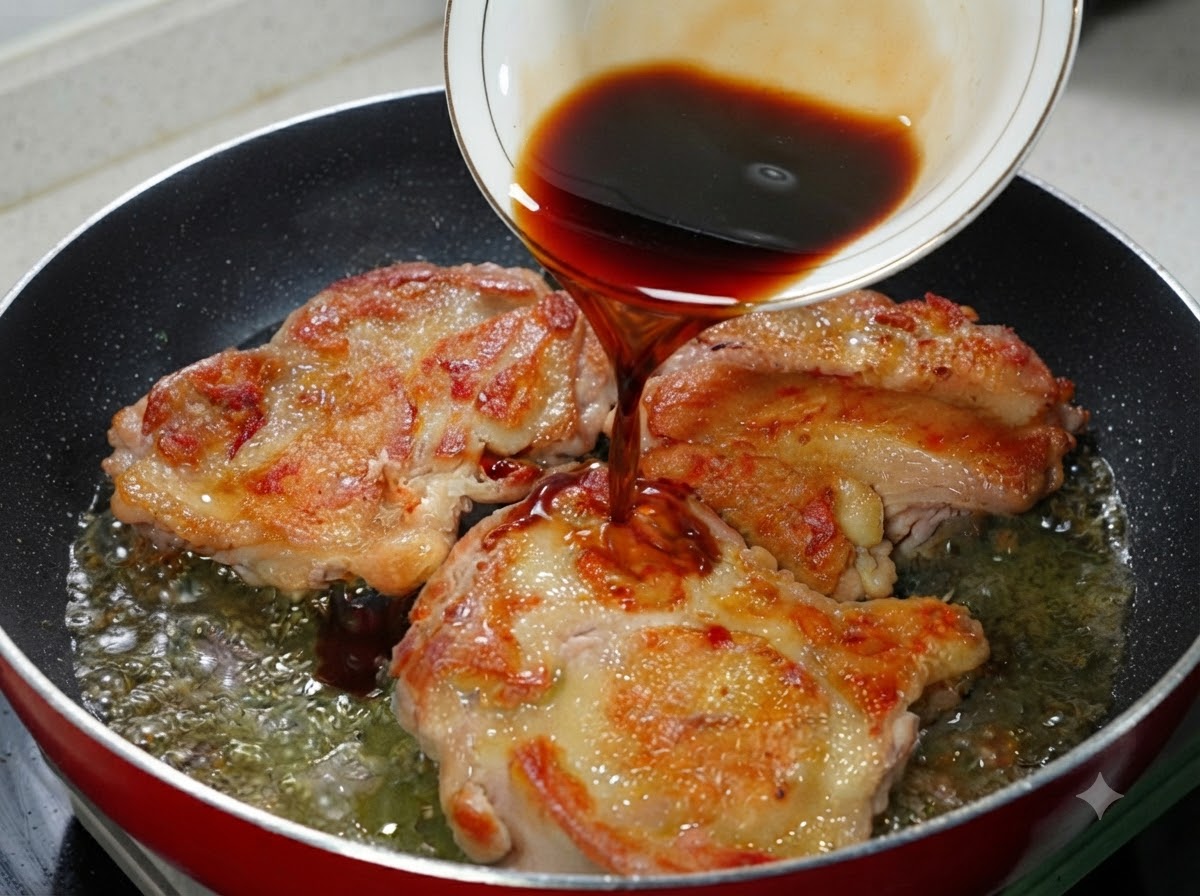 Un tazón vertiendo salsa teriyaki oscura sobre piezas de pollo doradas en una sartén.