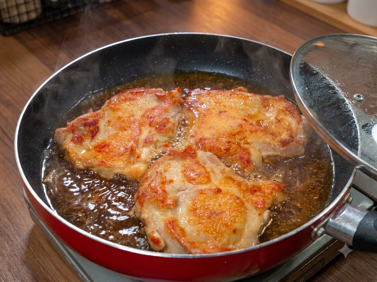 Una sartén de pollo cociéndose a fuego lento en salsa con una tapa de vidrio siendo colocada sobre ella.