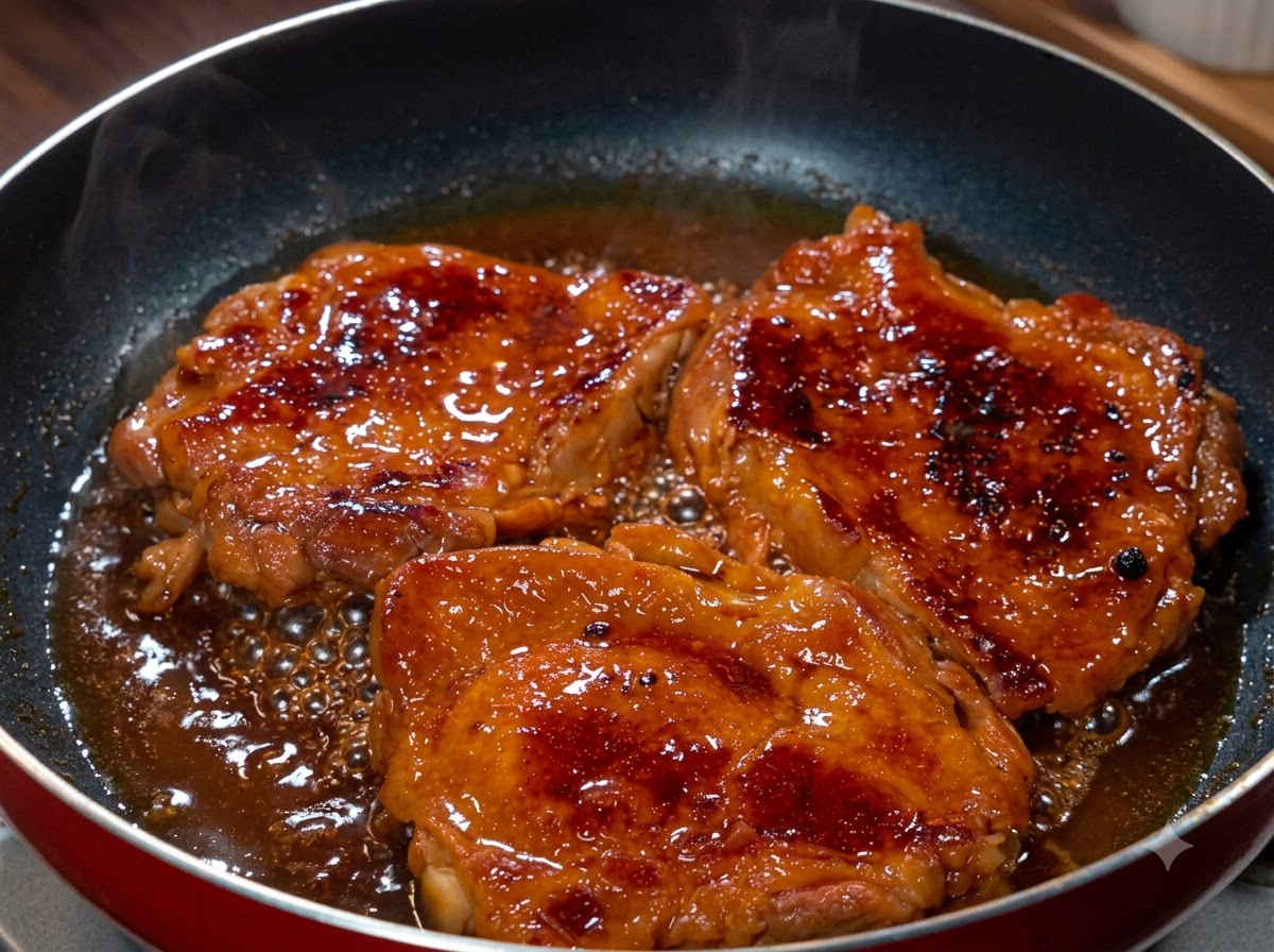 Piezas de pollo cocinándose en un glaseado espeso y burbujeante dentro de una sartén con la tapa retirada.