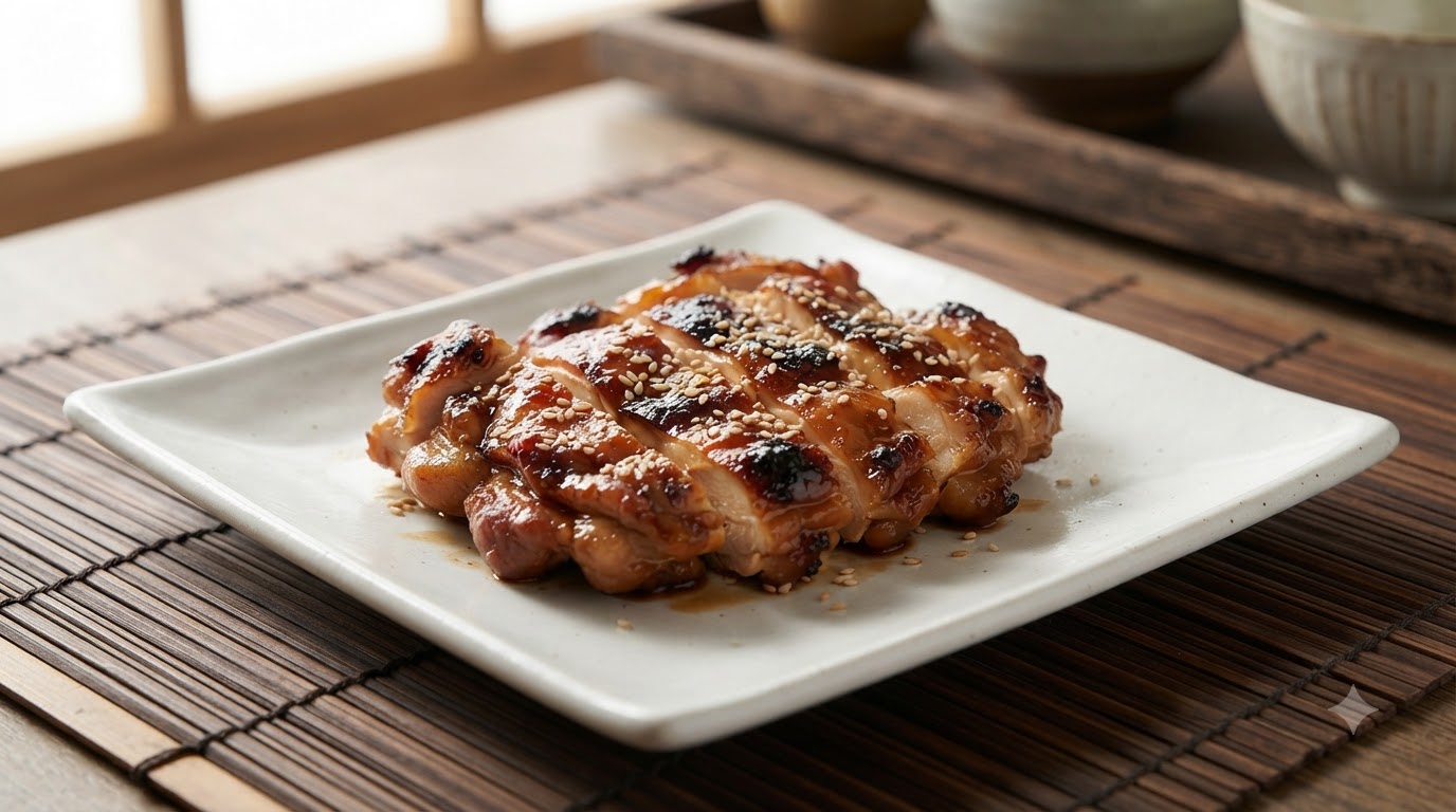 Pollo teriyaki en rodajas glaseado a la perfección, espolvoreado con semillas de sésamo tostadas