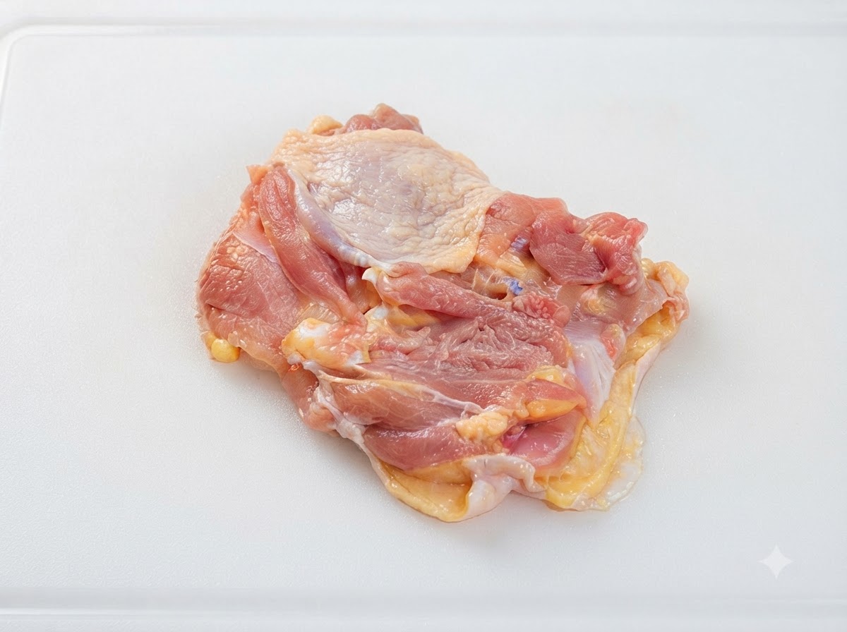 Un muslo de pollo deshuesado plano sobre una tabla de cortar blanca, listo para ser machacado.