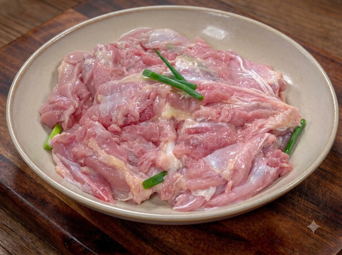Vista de cerca de trozos de pollo crudo mezclados con rodajas de cebolleta dentro de un tazón beige.