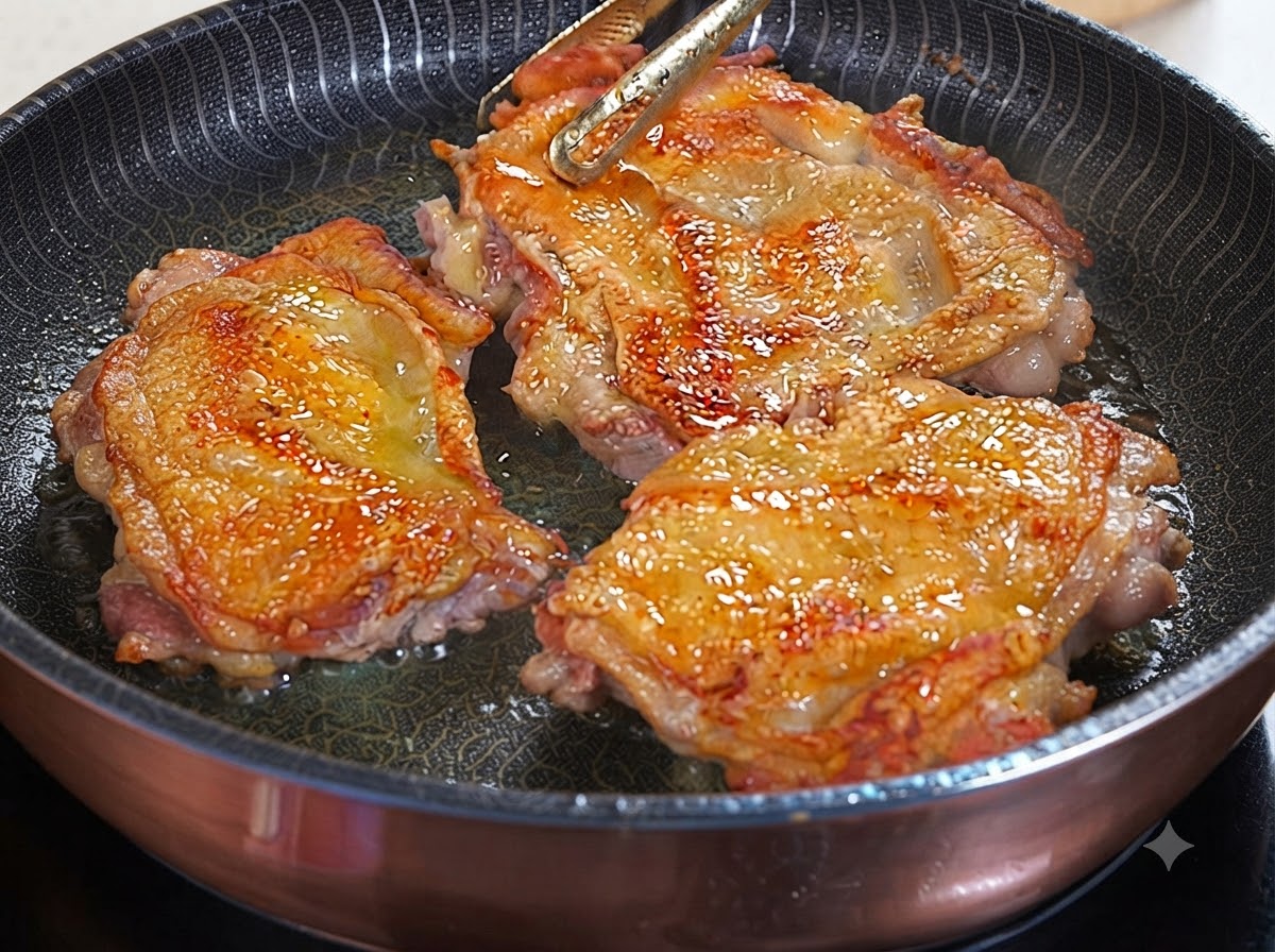 Tres muslos de pollo dorados chisporroteando en una sartén mientras se vierte salsa teriyaki sobre ellos.