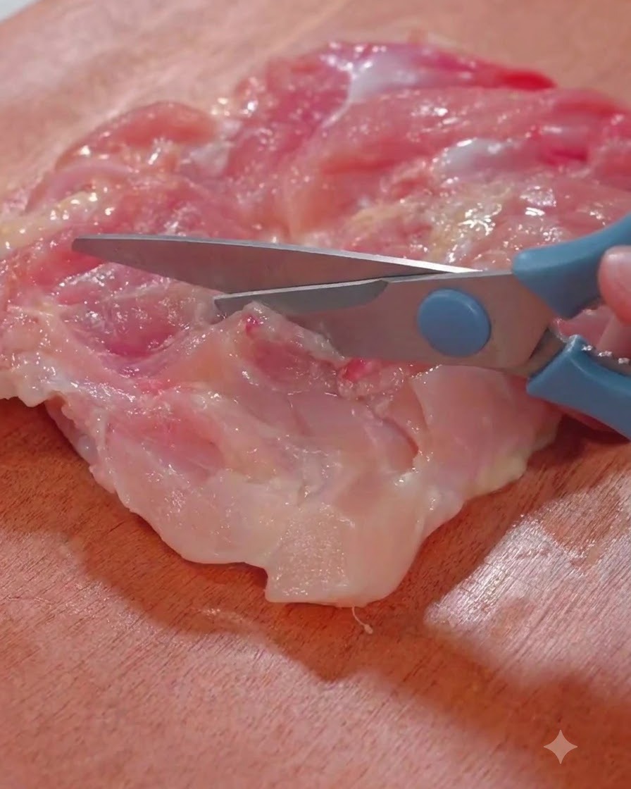 Usando tijeras de cocina para cortar carne de pierna de pollo cruda en una tabla de cortar de madera.
