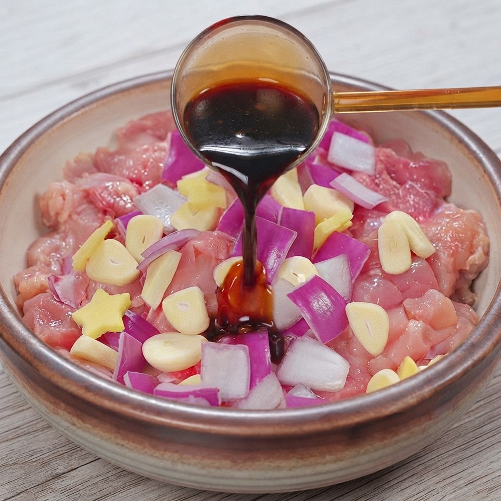 Vertiendo salsa de soja oscura desde un cucharón sobre trozos de pollo crudo y aromáticos en un tazón.
