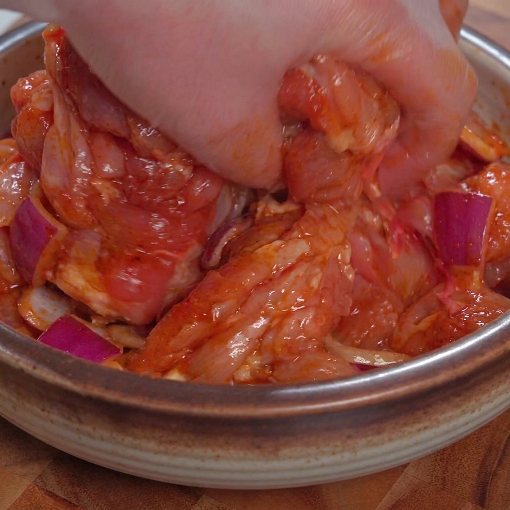 Mano mezclando minuciosamente trozos de pollo crudo con adobo teriyaki en un tazón.