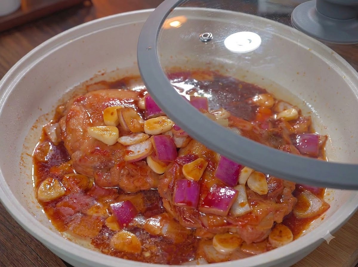 Una tapa de vidrio cubriendo parcialmente una sartén blanca llena de pollo hirviendo a fuego lento y salsa.