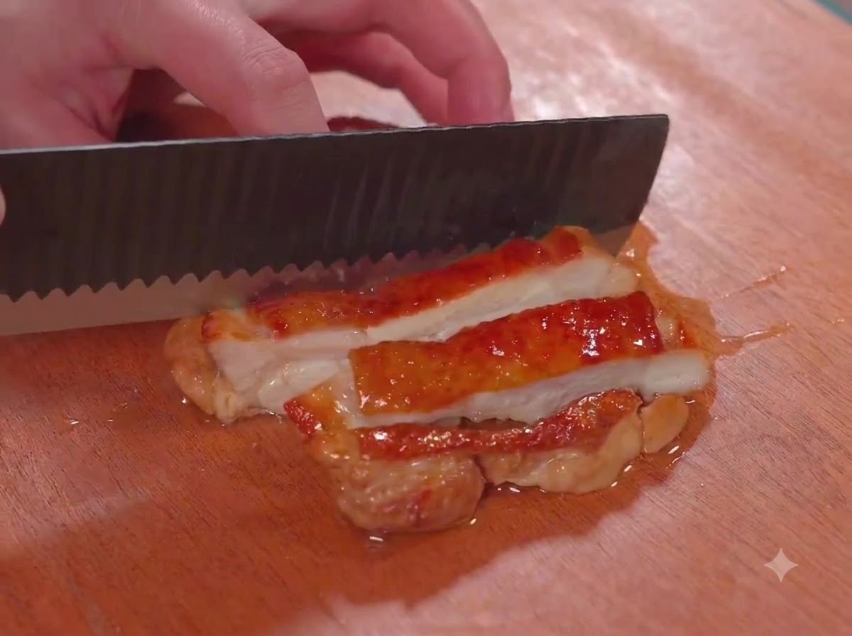 Un cuchillo cortando carne de pierna de pollo glaseada en una tabla de cortar de madera.
