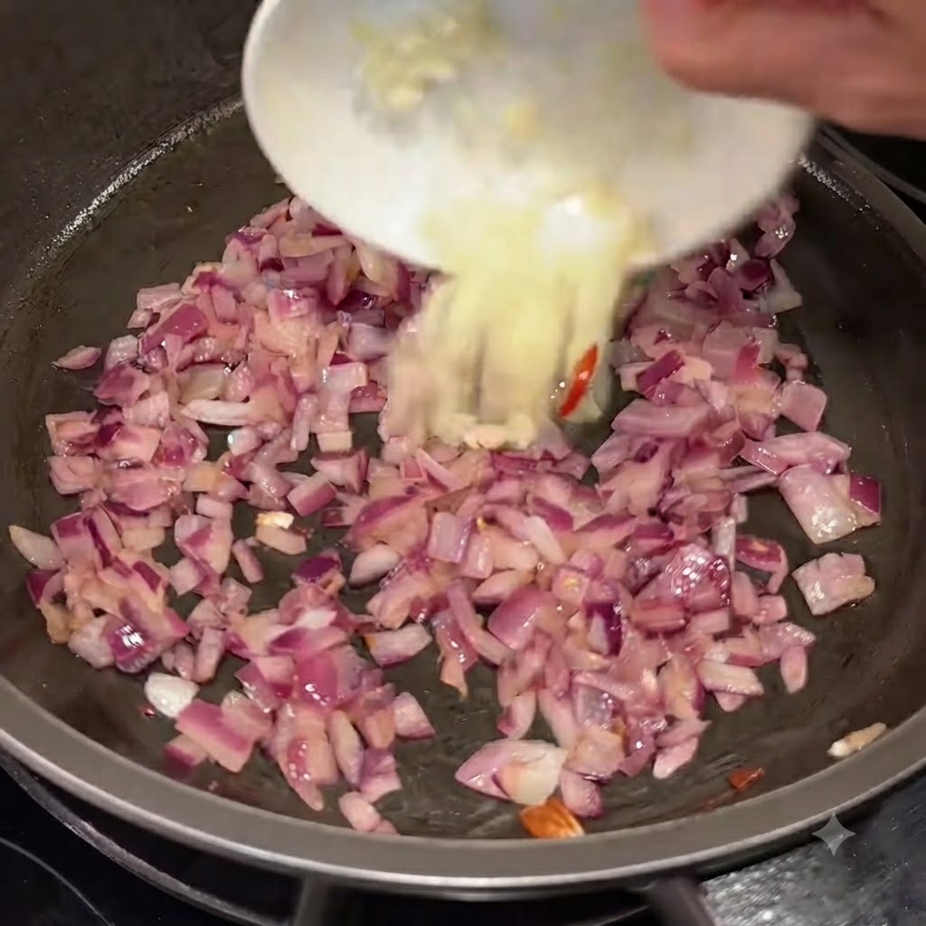 Ajo picado siendo agregado a la sartén que contiene las cebollas moradas sofritas.