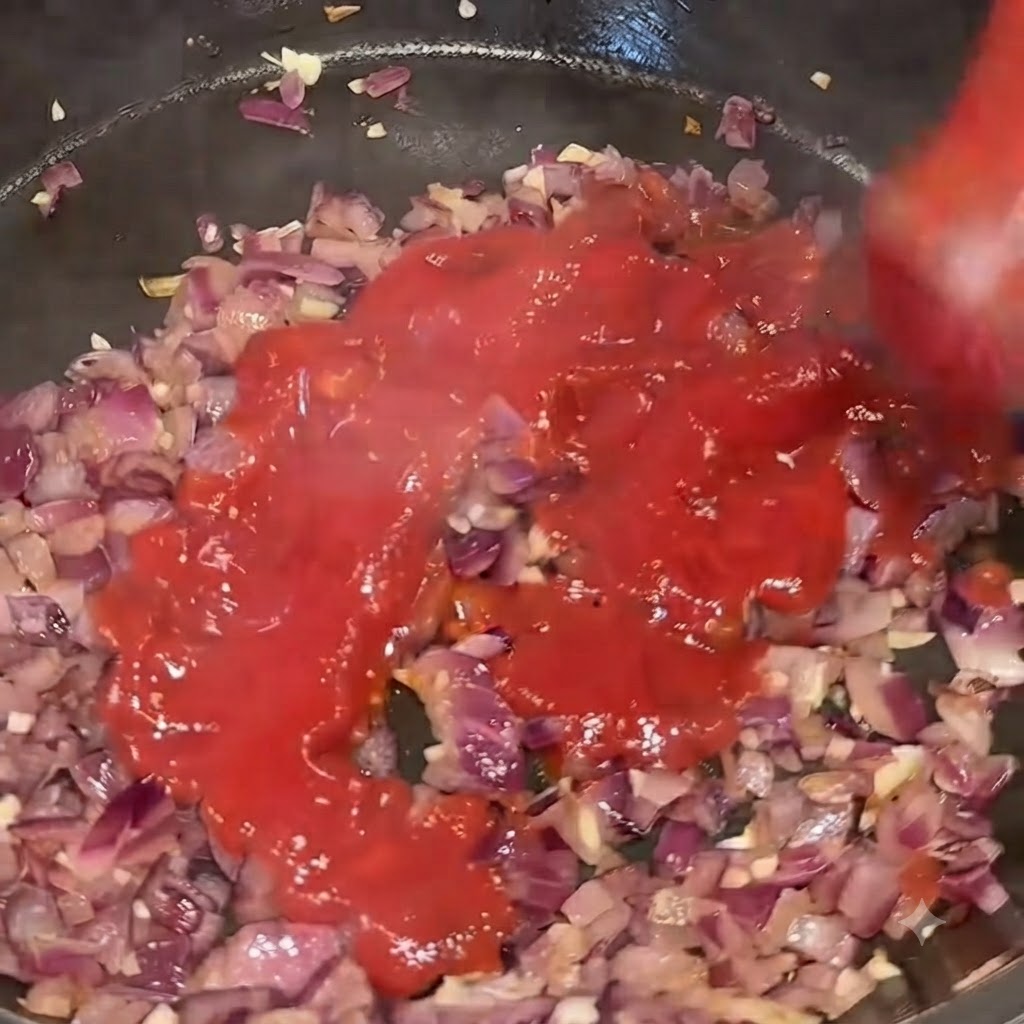 Puré de tomate rojo siendo vertido directamente en la sartén sobre las cebollas y el ajo cocidos.