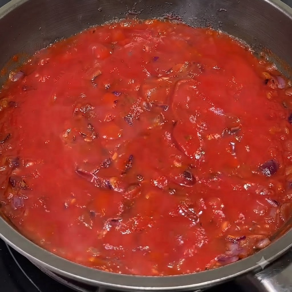 Salsa de tomate roja y suave hirviendo a fuego lento en la sartén tras mezclar los condimentos.