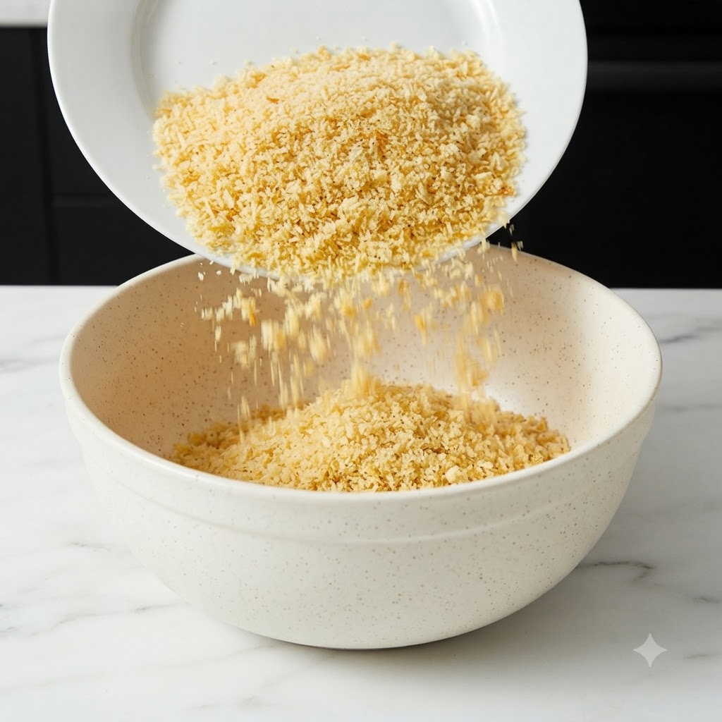 Pan rallado siendo vertido desde un plato blanco en un tazón grande para mezclar.
