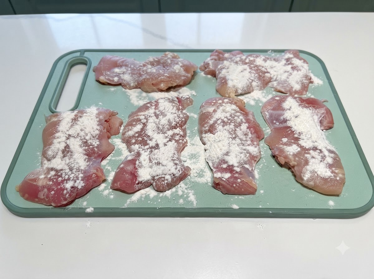 Muslos de pollo crudos colocados sobre una tabla de picar verde con una capa ligera de harina cubriéndolos.