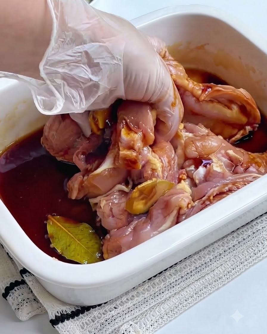 Una mano con guante masajeando muslos de pollo crudos en un recipiente blanco lleno de salsa de adobo oscura y rodajas de jengibre.