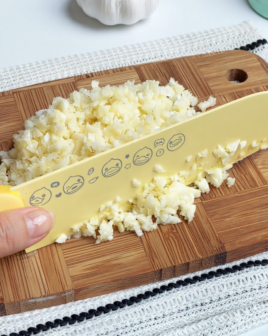 Dientes de ajo finamente picados amontonados en una tabla de cortar de madera al lado de un cuchillo amarillo.