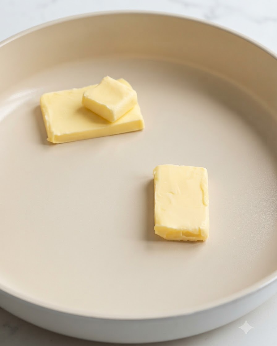 Rebanadas de mantequilla derritiéndose dentro de una sartén de cerámica de color beige.