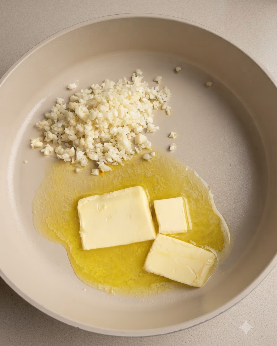 Ajo picado salteándose junto con mantequilla derretida en una sartén de cocina.