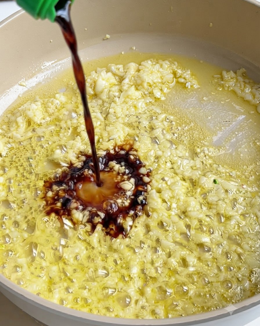 Salsa oscura siendo vertida desde una botella en una sartén burbujeante de ajo y mantequilla.
