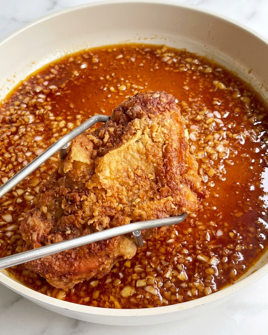 Una chuleta de pollo frita y crujiente sostenida por pinzas sobre una sartén llena de salsa de soja con ajo burbujeante.