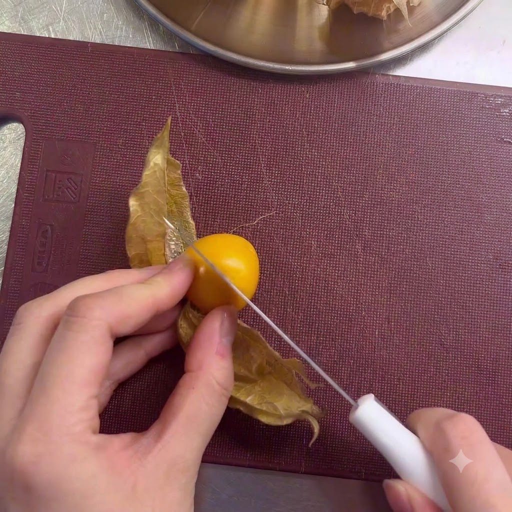 Una mano usando un cuchillo blanco pequeño para cortar una uchuva amarilla en una tabla de cortar marrón.