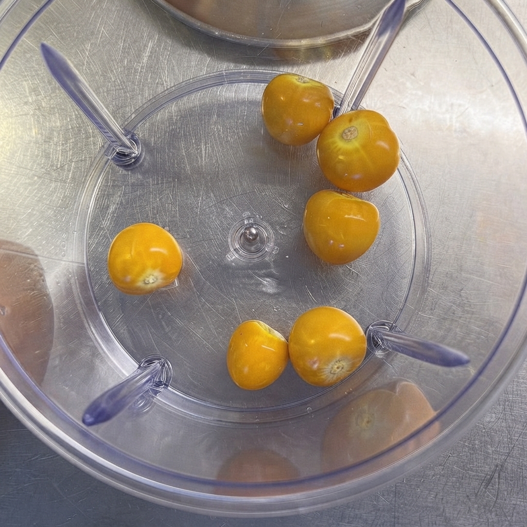 Varias uchuvas amarillas esparcidas en el fondo del vaso transparente de una licuadora.
