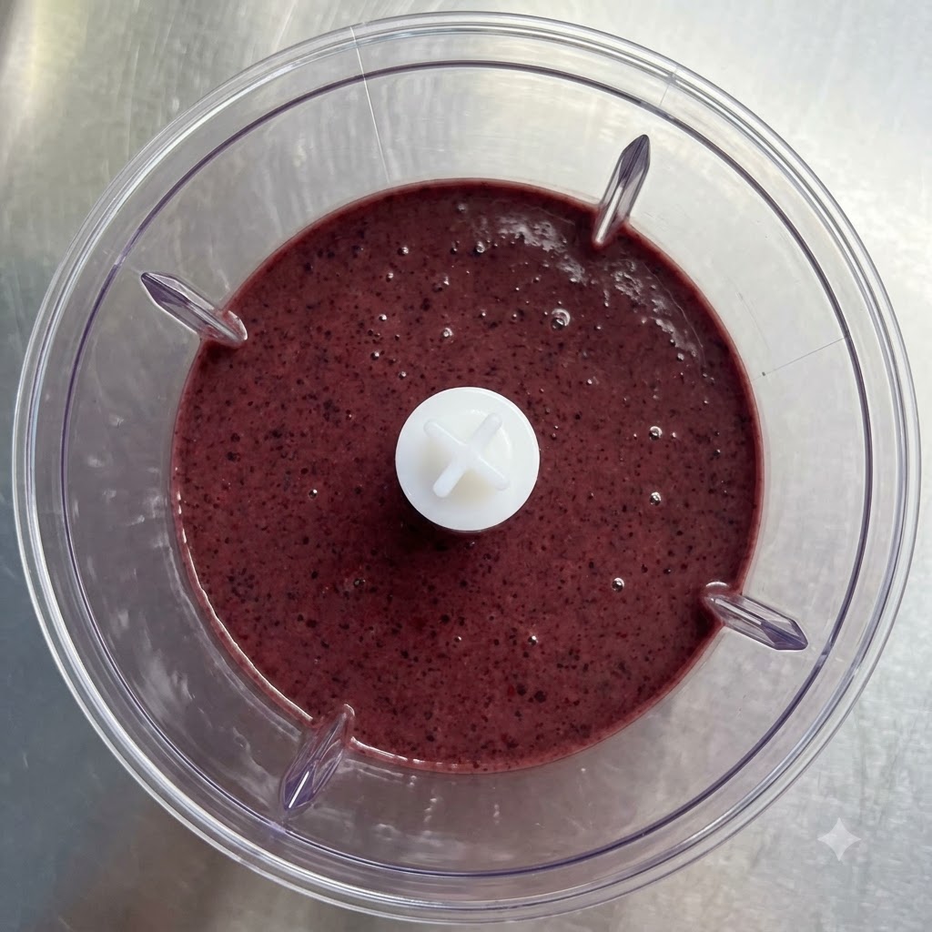 Un vaso transparente siendo llenado con un batido espeso de color morado.