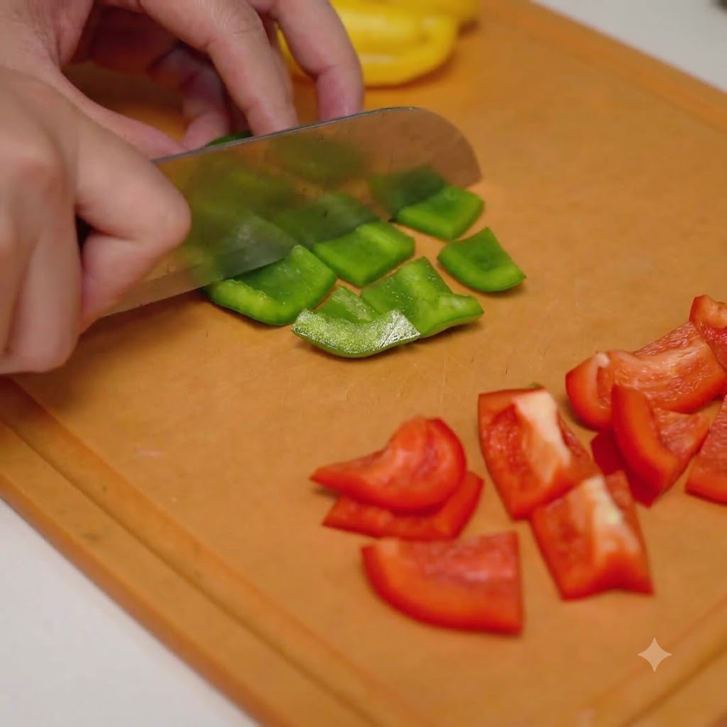 Una mano cortando pimientos verdes y rojos en trozos pequeños cuadrados sobre una tabla de cortar de madera.