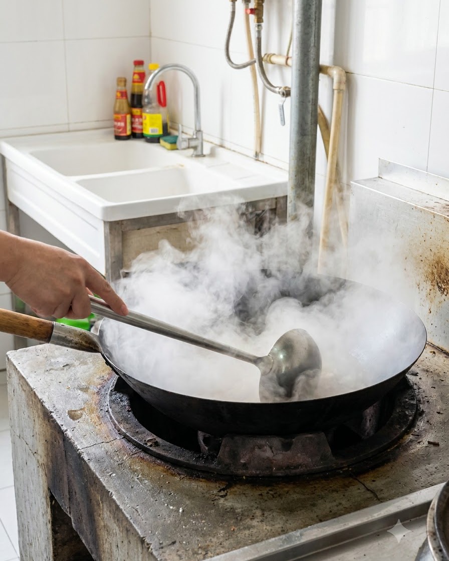 Un wok lleno de agua hirviendo y vapor denso, con un cucharón de cocina dentro.