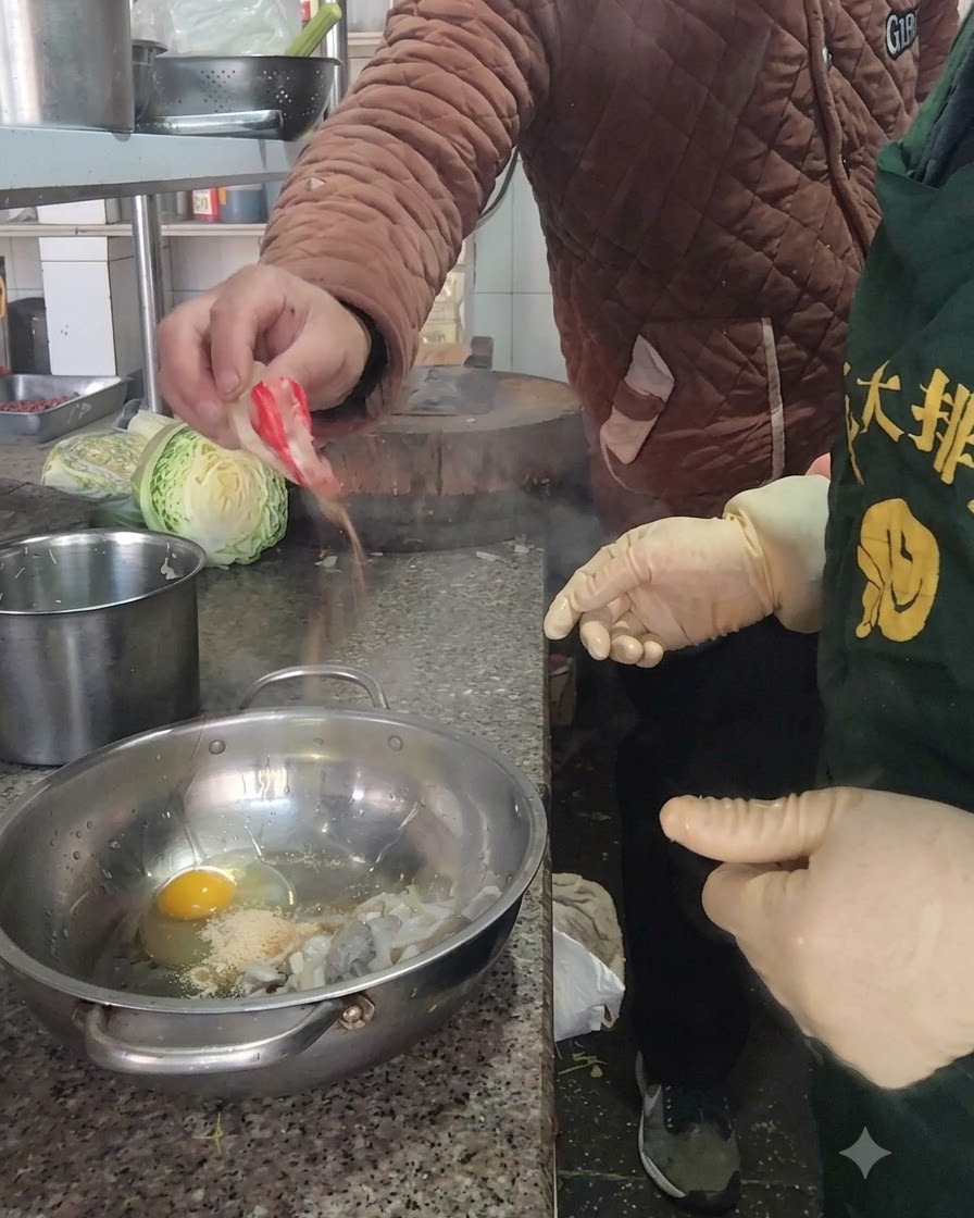 Una persona esparciendo condimento en polvo rojizo con la mano en un bol con un huevo y trozos de champiñón.
