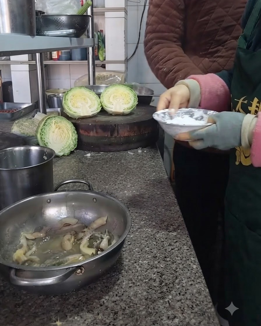 Añadiendo harina desde un bol pequeño a la mezcla de champiñones preparada.