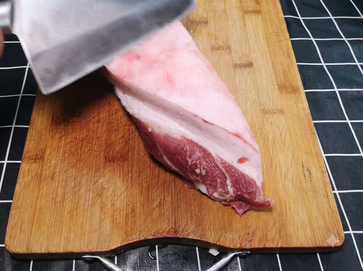 Un cuchillo grande recortando la capa exterior de grasa de un trozo grueso de cerdo crudo apoyado en una tabla de cortar de madera.