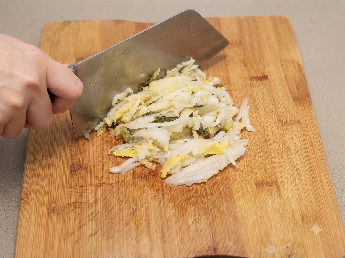 Chucrut fermentado siendo cortado en tiras finas con un cuchillo en una tabla de cortar de madera.