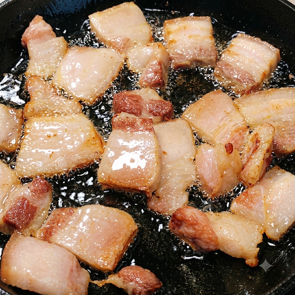 Rodajas finas de cerdo magro friéndose y dorándose en el wok con grasa fundida.