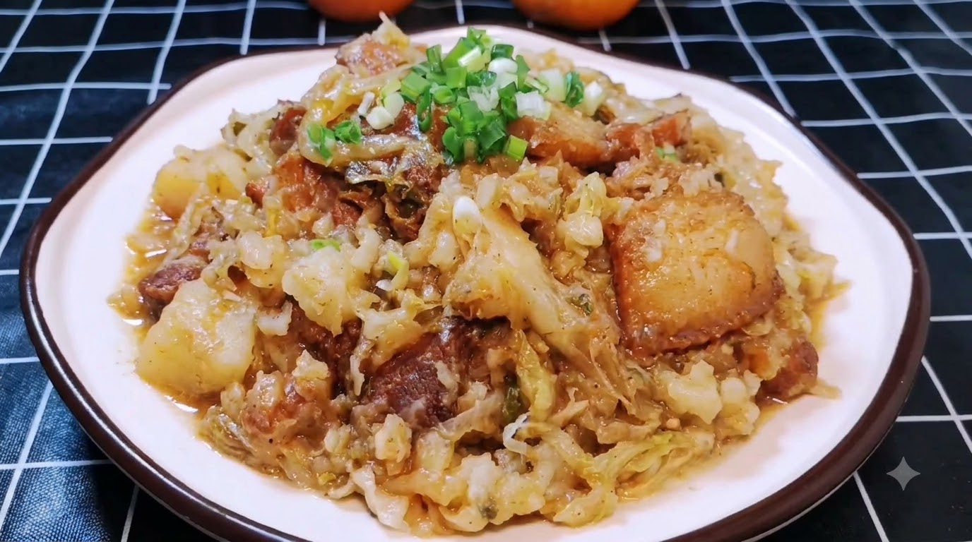 Un plato de estofado de cerdo y chucrut del norte de Shaanxi adornado con cebollino fresco