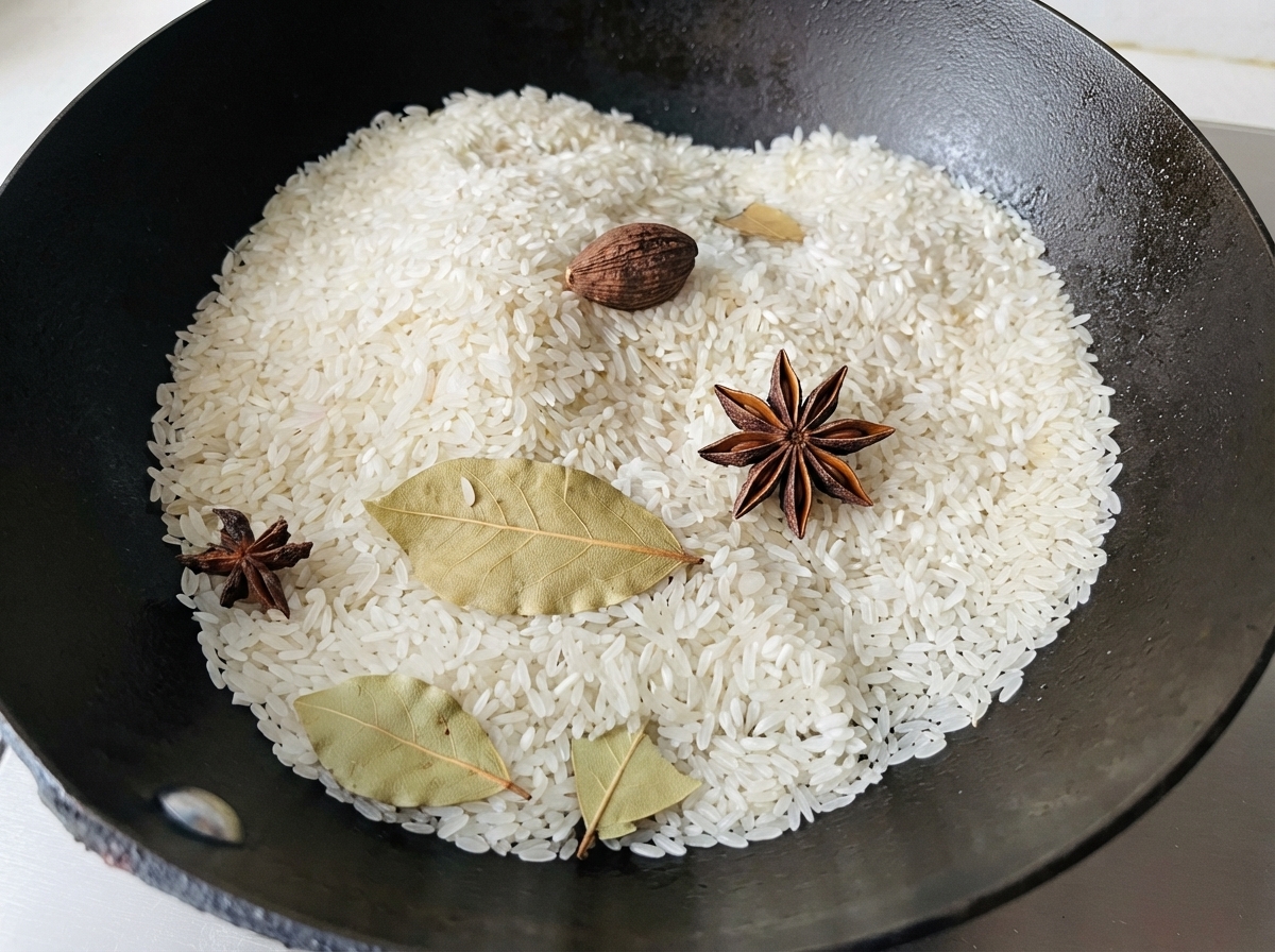 Granos de arroz blanco crudo mezclados con anís estrellado entero, cardamomo negro y hojas de laurel dentro de un wok oscuro.