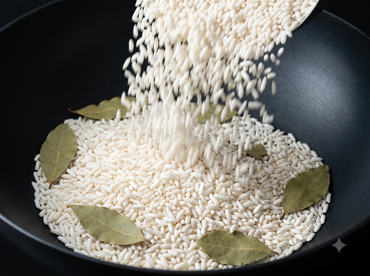 Granos de arroz frito cayendo hacia un wok que contiene más arroz y especias.