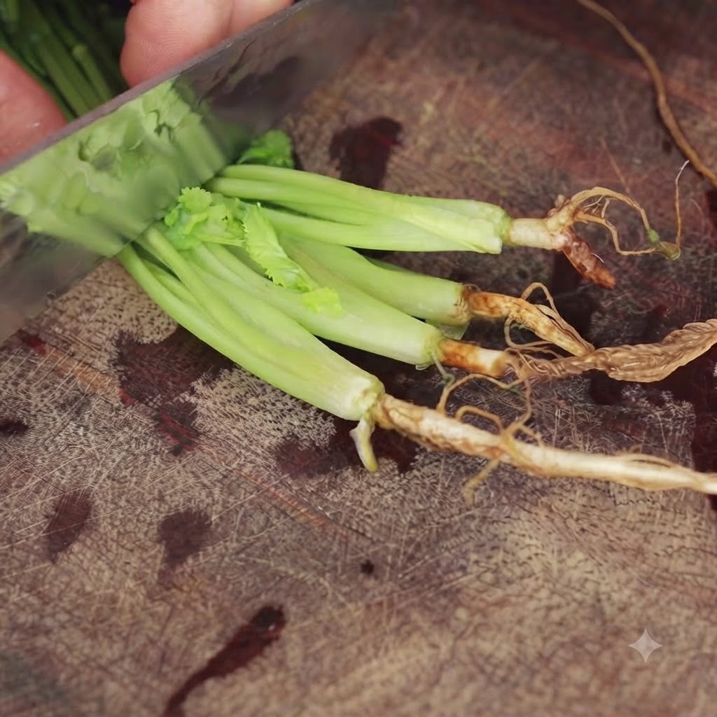 Raíces de cilantro verde fresco siendo rebanadas con un cuchillo de chef sobre una tabla de madera texturizada.