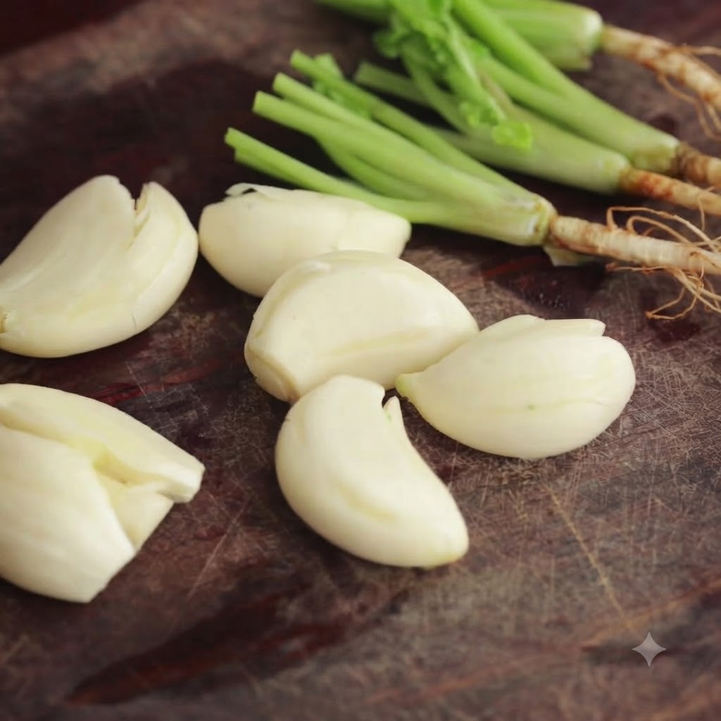 Dientes de ajo pelados y raíces de cilantro picadas dispuestos sobre una superficie de madera.