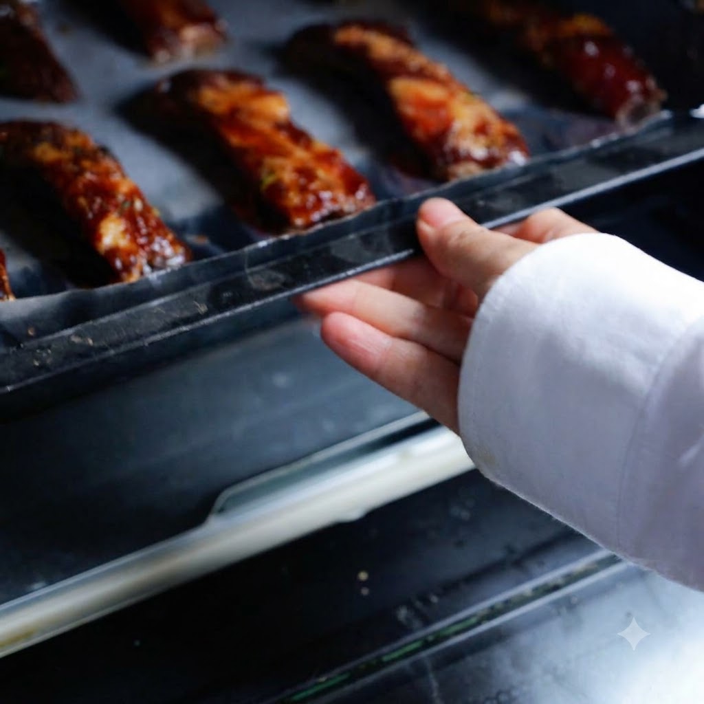 Una bandeja de horno cargada con costillas de cerdo marinadas siendo introducida en el horno.