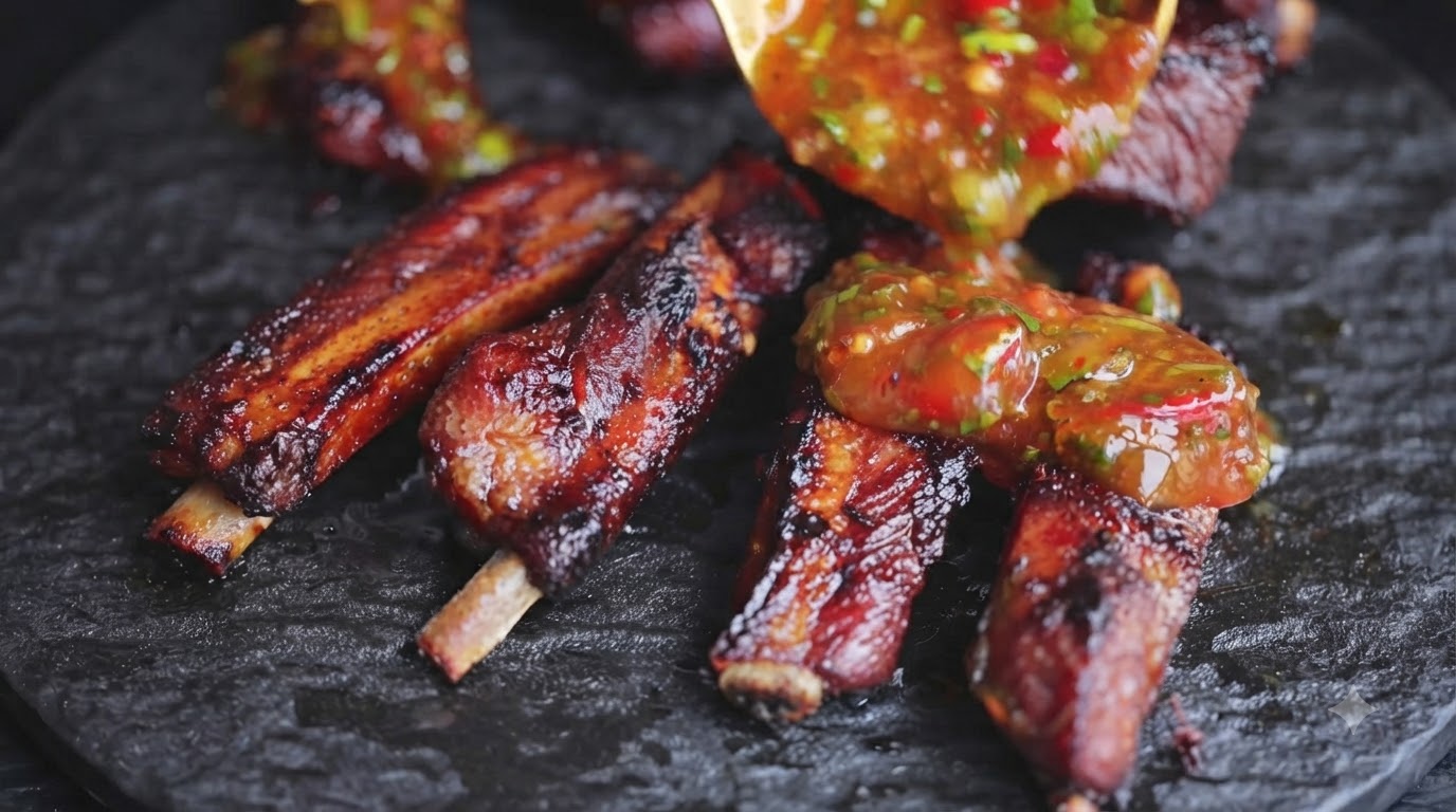 Costillas a la Parrilla al Estilo Tailandés con Salsa Picante de Hierbas