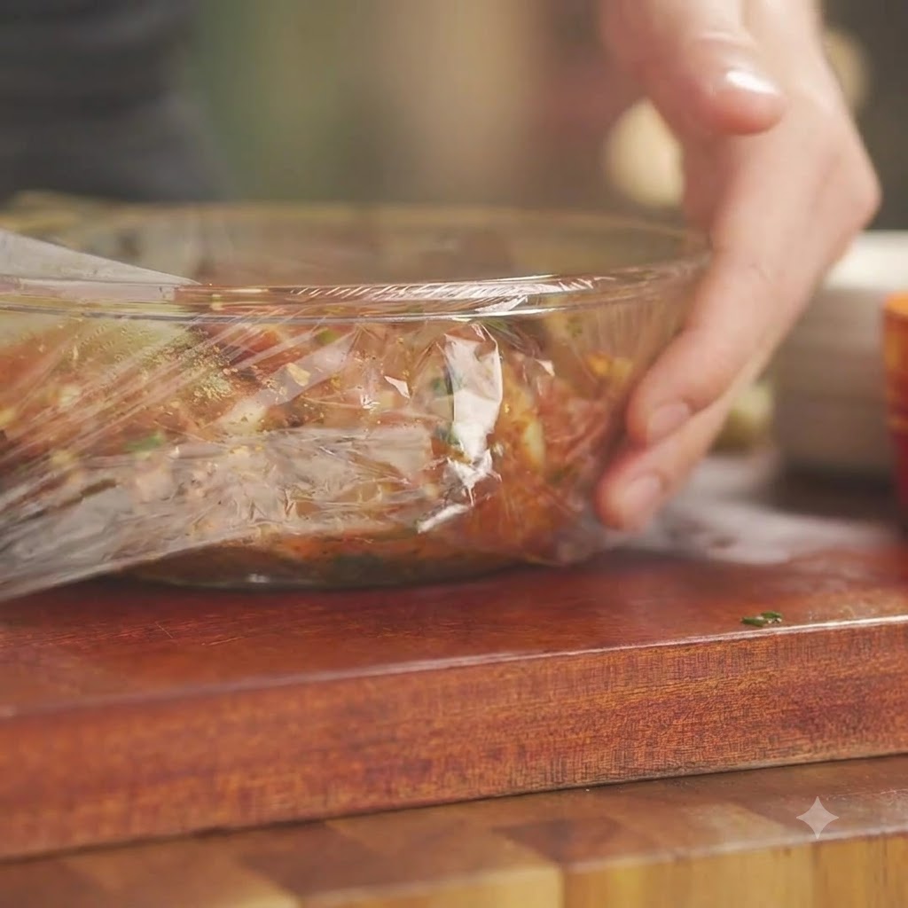 Un bol de vidrio lleno de costillas de cerdo sazonadas siendo sellado firmemente con film transparente de plástico.